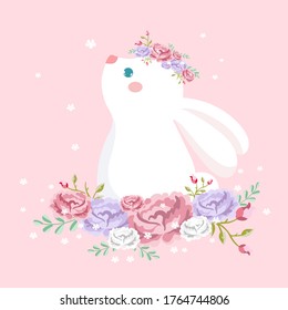 Beautiful white romantic dreaming rabbit princess with crown and floral flowers