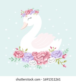 Beautiful white romantic dreaming swan princess with crown and floral flowers