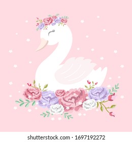 Beautiful white romantic dreaming swan princess with crown and floral flowers