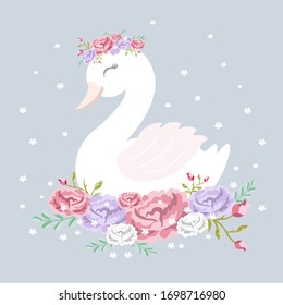 Hermosa princesa cisne blanca y romántica con corona y flores florales