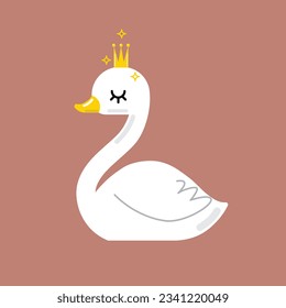 Hermosa princesa cisne blanca y romántica soñadora con icono de la corona. Ilustración vectorial al estilo de las caricaturas kawaii.