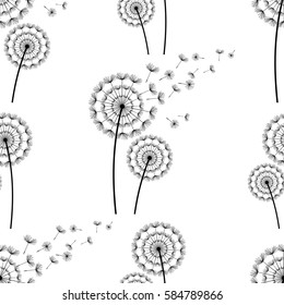 Schöne weiße nahtlose Muster mit schwarzen stilisierten Löwenzahn Silhouette und fliegenden Flaum. Floraler, heller, abstrakter Hintergrund mit Blumen. Stilvolle trendige Naturtapete. Vektorgrafik
