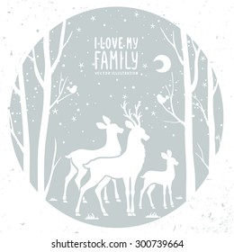 Beautiful white silhouette deer and trees in circle frame. Vector illustration