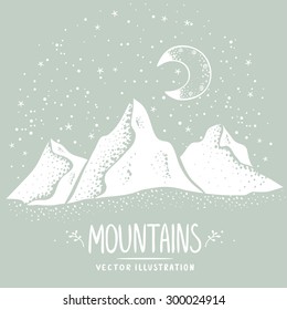 Beautiful white silhouette mountains at night. Stylish vector illustration