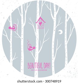 Beautiful white silhouette trees, birdhouse and bird in circle frame. Vector illustration