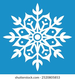 A beautiful white snowflake adorned with leaves on a bright blue background