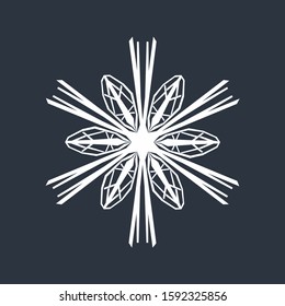 Beautiful white snowflake with an interesting pattern on a dark gray background. Winter kaleidoscope