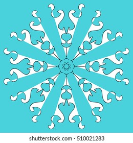 Beautiful white snowflake isolated on blue background. Festive winter graphic illustration for New year, Christmas decorations, wrapping paper, textile, design, interior, invitations, wedding, cards.