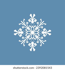 Hermoso copo de nieve blanco para diseño invernal. Tema de Navidad y Año Nuevo. Siluetas congeladas de copos de nieve de cristal, patrón. Piso de diseño moderno.