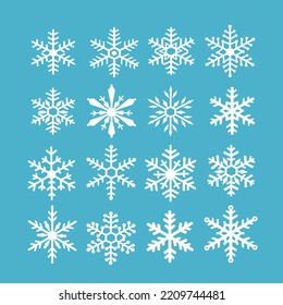 Hermoso juego de invierno de copo de nieve blanco, colección de Navidad y diseño de icono de año nuevo sobre fondo azul, ilustración de vector de silueta congelada de copo de nieve de cristal 