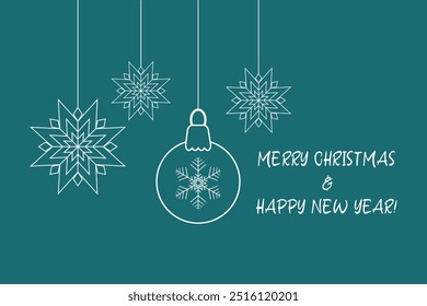 Beautiful white snowflakes ball banner Xmas blue green background Winter mood Text Merry Christmas and Happy New Year card Vector Illustration Horizontal template New year ornament