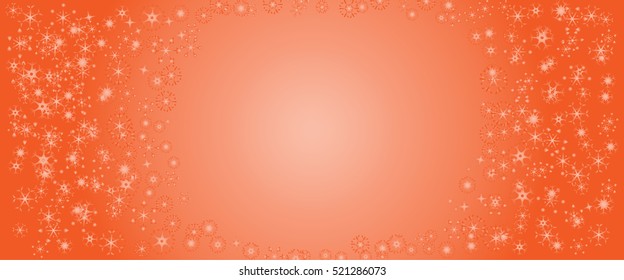 Beautiful white snowflakes in different shape with space in center on orange background