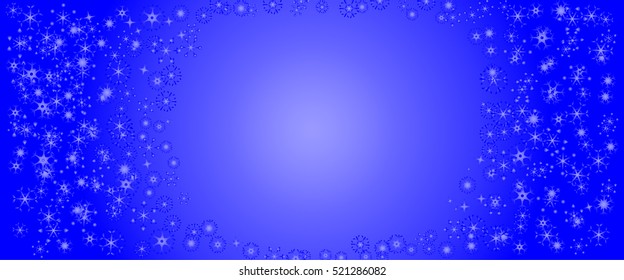 Beautiful white snowflakes in different shape with space in center on blue background