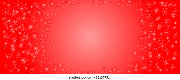 Beautiful white snowflakes in different shape with space in center on red background