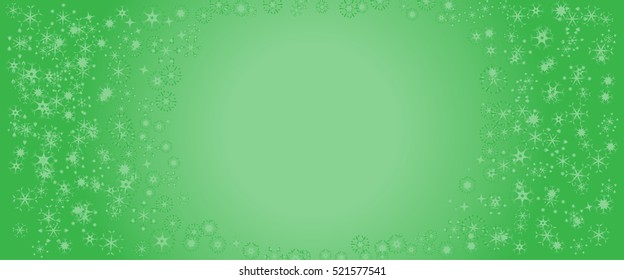 Beautiful white snowflakes in different shape with space in center on green background