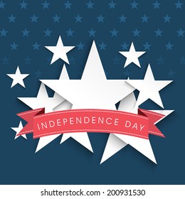 Beautiful white stars with red ribbon on stars decorated green background for 4th of July, Independence Day celebrations. 