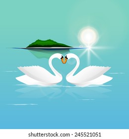 Beautiful white swan couple in love on nature background for Happy Valentines Day celebration.