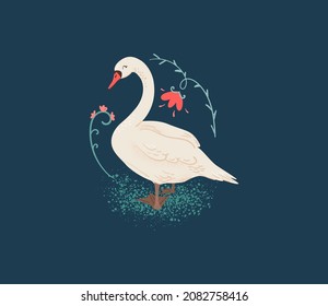 Beautiful white swan with floral details illustration. Vector swan animal cute isolated hand drawn print for your design.