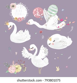 Beautiful white swan (goose, duck) with crown, flowers and balloons collection, set