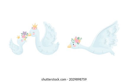 Beautiful White Swan or Goose with Golden Crown and Floral Wreath Vector Set