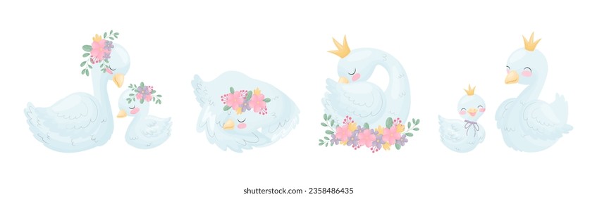 Beautiful White Swan or Goose with Golden Crown and Floral Arrangement Vector Set