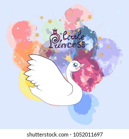 A beautiful white swan with LITTLE PRINCESS on multicolored texture of watercolor with multi-colored circles. Can be used for baby t-shirt print, fashion print design, kids wear, baby shower 