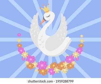 Beautiful white swan princess cartoon vector illustration. Charming elegant bird flying among flowers in blue background. Love, romance, spring concept