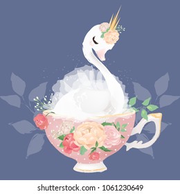 Beautiful White Swan Princess In Crown With Tied Bow And Floral Bouquet Of Pink And Beige Peony (peonies) Flowers In The Porcelain Pink Vintage Tea Cup (teacup)