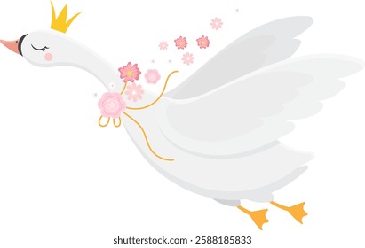 Beautiful white swan princess flying with a golden crown and pink floral decorations, perfect for children s book illustrations, greeting cards, and various creative projects