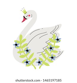 Beautiful White Swan Princess with Golden Crown and Flowers, Lovely Fairytale Bird Queen Vector Illustration