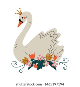 Beautiful White Swan Princess with Golden Crown and Flowers, Lovely Fairytale Bird Vector Illustration