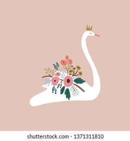 Beautiful white swan princess or queen with crown, romantic floral bouquet decor. Vector clip art