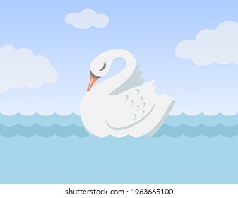 Beautiful white swan swimming alone cartoon vector illustration. Pretty bird on sea or lake as symbol of love. Animal, nature, love, romance, spring concept