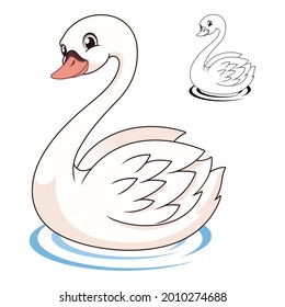 Beautiful White Swan Swimming in The Water with Line Art Drawing, Animal Birds, Vector Character Illustration, Cartoon Mascot Logo in Isolated White Background.