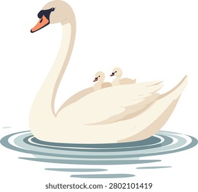 A beautiful white swan with two fluffy cygnets on its back swims in calm water.