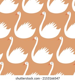 Beautiful white swans hand drawn vector illustration. Pure bird in flat style. Elegant seamless pattern.