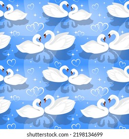 Beautiful white swans in pairs on a blue background with hearts. Romantic siamless pattern, vector illustration