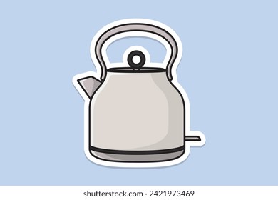 Beautiful White Tea Kettle sticker design vector illustration. Kitchen interior object icon concept. Morning Tea Teapot with closed lid sticker design with shadow.