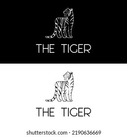 Beautiful white tiger drawing in standing position and looking back for simple cute minimalist logo design icon