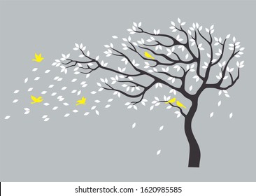 Beautiful White tree and yellow birds flying Vector illustration