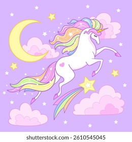 Beautiful white unicorn flies in the night sky with a star. For children's design of prints, posters, cards, stickers, puzzles, etc. Vector illustration