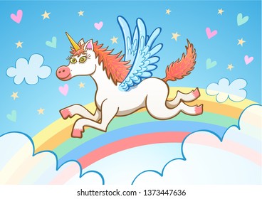 Beautiful white unicorn with long hair and blue wings smiling and staring at you while flying among clouds. There's a colorful rainbow, yellow stars, hearts in various colors and a blue sky behind it