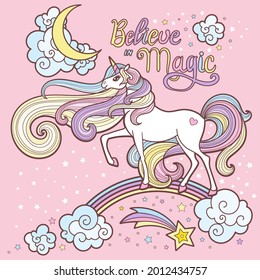 Beautiful White Unicorn Long Mane Rainbow Text Believe Magic Fantasy Animal For the design of prints, posters, stickers, postcards, cards, etc. Vector