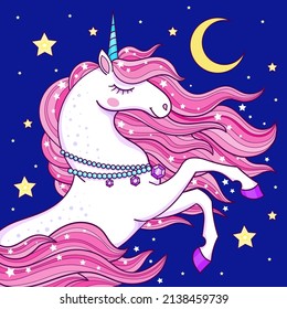 A beautiful white unicorn with a long pink mane. Fantasy, mythical animal. For design prints of posters, stickers, postcards and so on. Vector