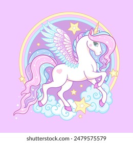 Beautiful white unicorn with rainbow, clouds and stars. For children's design of prints, posters, cards, stickers, pads, etc. Vector illustration