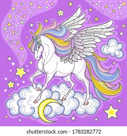 A beautiful white unicorn with a rainbow mane runs through the clouds. Fantastic animal. Suitable for prints. posters. postcards. stickers, etc. Vector