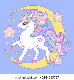 A beautiful, white unicorn with a rainbow mane on the moon. Magical, fantastic animal. For children's print design. posters, postcards, stickers, otata and so on. Vector