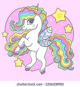 A beautiful white unicorn with a rainbow mane on the background of a heart with stars. For children's design of prints, posters, stickers, t-shirts, bowls and so on. Vector