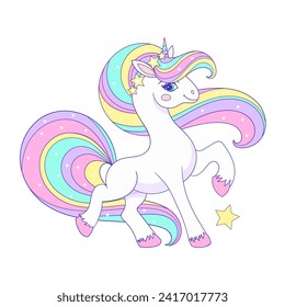 Beautiful white unicorn with a rainbow mane. Magical mythical animal. For children's design of prints, posters, stickers, cards, tattoos, etc. Vector illustration