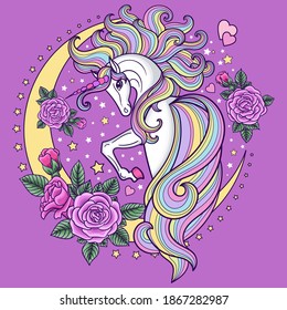 A beautiful, white unicorn with roses and a crescent moon. Fantastic animal. Cute girly style. For the design of prints. posters. postcards, stickers, etc. Vector illustration